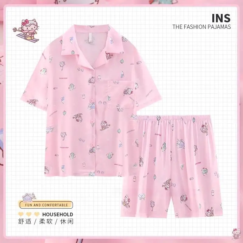 

New Sanrio Hello Kitty Cartoon Cute Ice Silk Pajamas Women's Summer Short Sleeved Shorts Silk Thin Home Fury Set