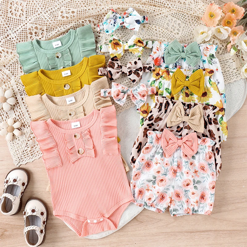 

3pcs Newborn Infant Baby Girl Summer Clothes Set Sleeveless Ruffles Ribbed Romper Top and Casual Floral Shorts Headband