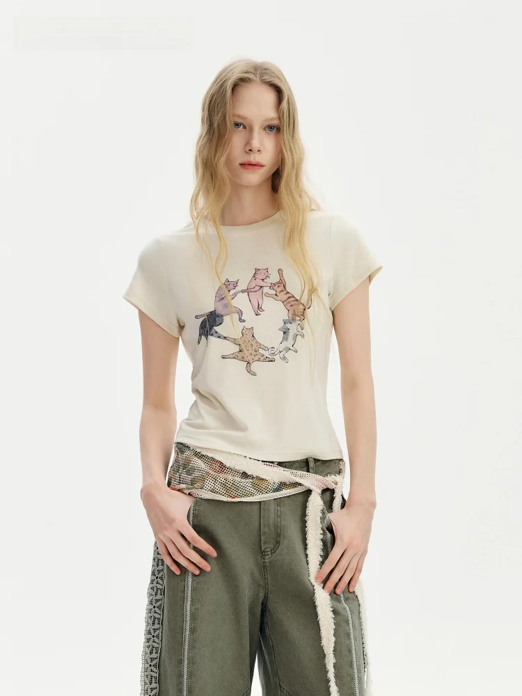 

Outthe Blue Summer New round Ne Printed Lyocell Linen Blend ort Sve T-irt Women's Comfortable Fit Creative Animal Pa...