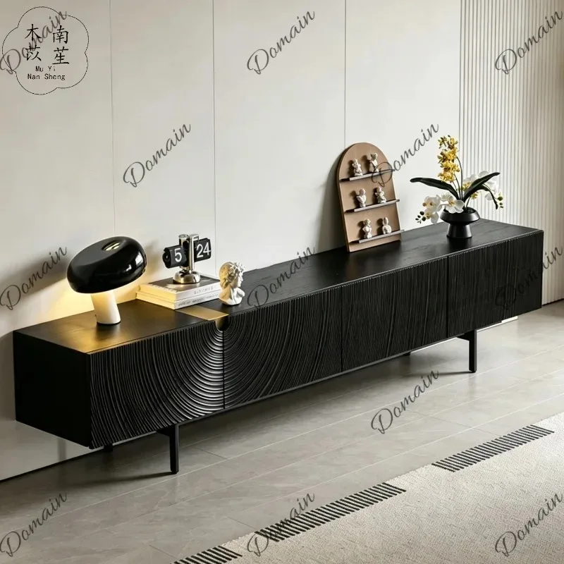 North American Black Walnut Carved Art Storage TV Cabinet Oak Matte Black with Legs Designer Wall Console