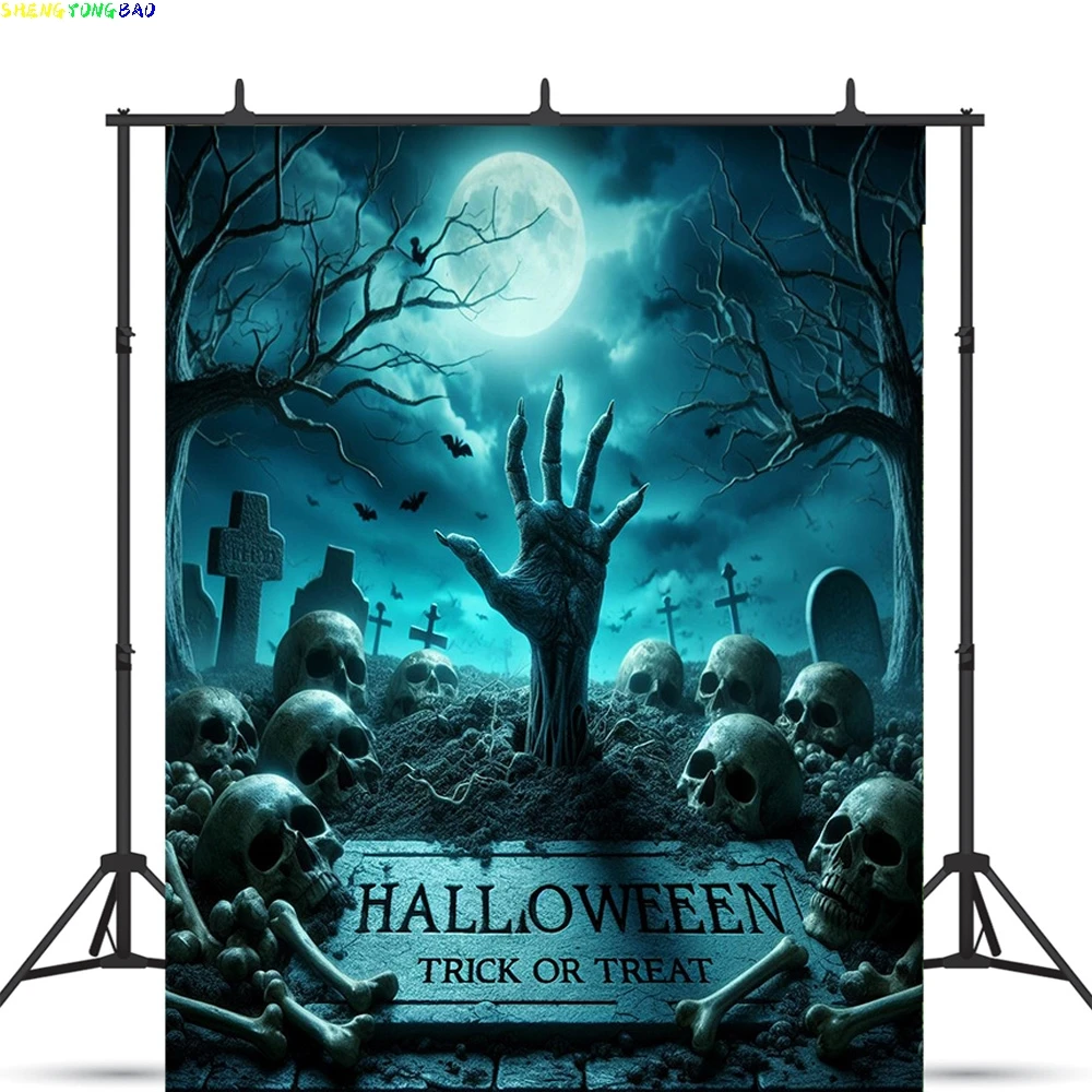 Happy Halloween Party Backdrop Full Moon Scary Night Castle Graveyard Forest Bats Pumpkin Lantern  Photography Background JS-3