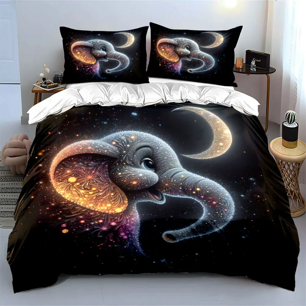 Shimmering Elephant in Magical Night Sky Print Bedding Set 1 Duvet Cover 2 Pillowcases for Adult and Children Luxury Gift