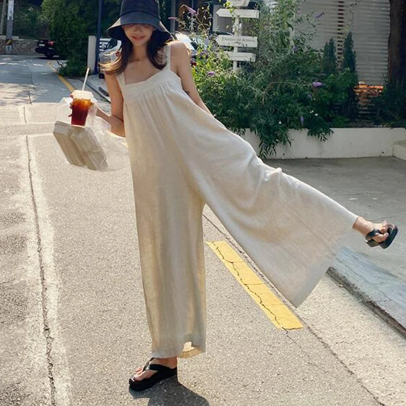 

Johnature Summer New Casual Solid Color Loose Jumpsuits Women 2024 Korean Sleeveless Tank Pockets Full Length Female Bodysuits