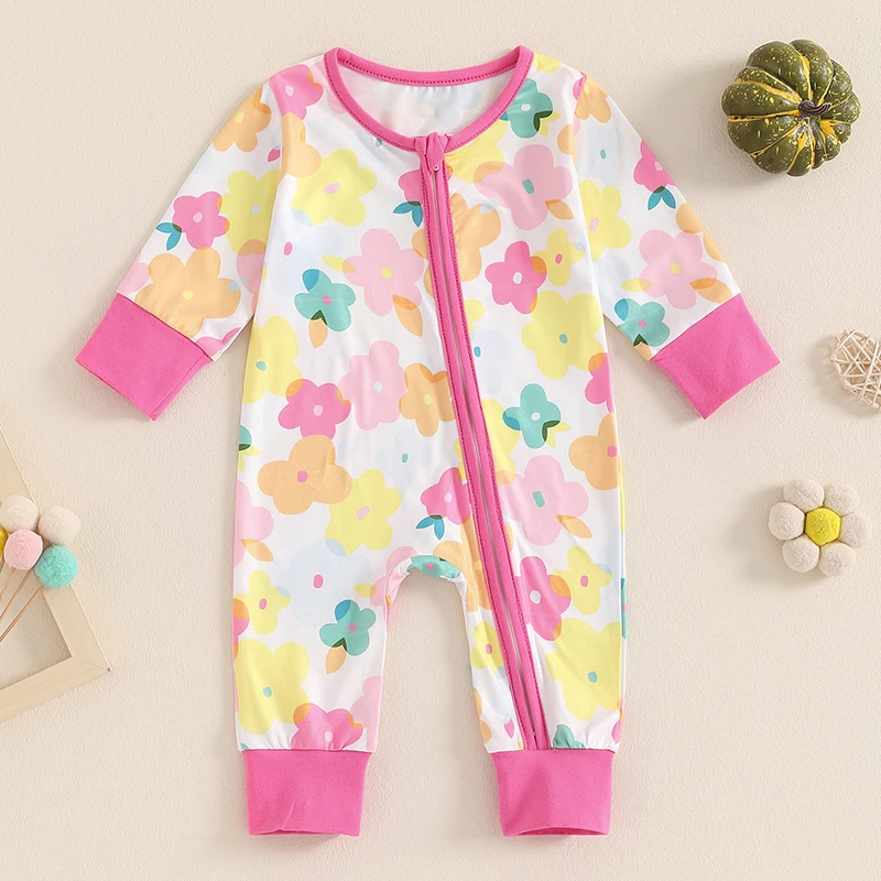 

Tregren 0-18M Baby Girls Jumpsuit Long Sleeve Crew Neck Flower/Pumpkin/Bow Print Zipper Closure Casual Romper Spring Fall Cloth