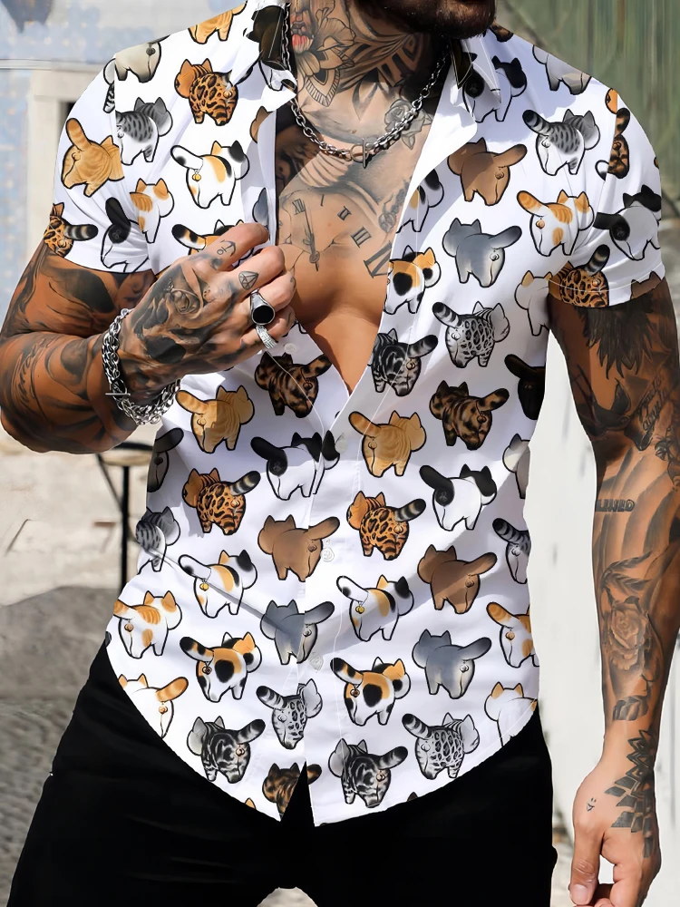 

Fashionable Casual Men's Summer Loose Short -sleeved Shirt Hawaiian Beach Holiday Shirt Cartoon Cat 3D Digital Printing Shirt