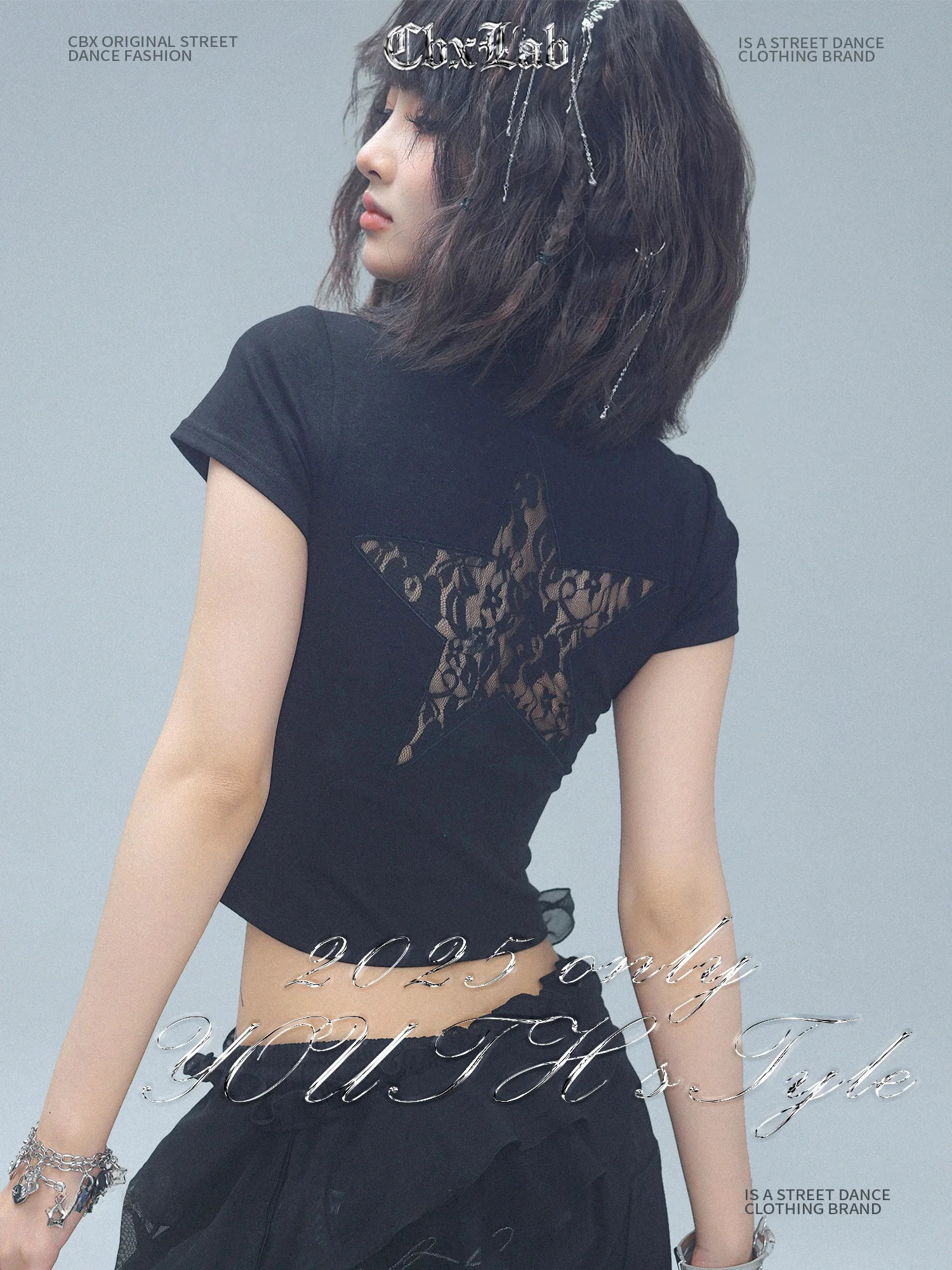 

CBXLAB Street Dance Trendy Brand Bla Star Lace Hollow Splicing ort Sve Summer Sweet Cool Skin-friendly Slim Fit Top Women