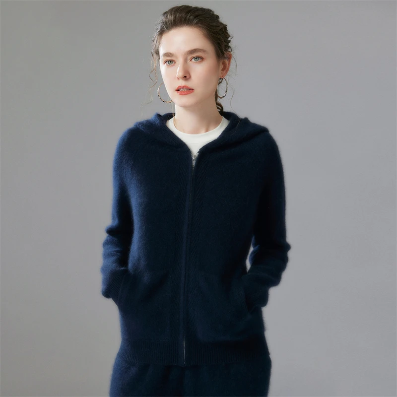 100% cashmere set women's hooded knitted zipper cardigan, casual elastic waist sweatpants, autumn and winter thick two-piece set