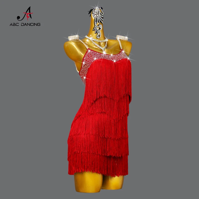 New Red Latin Dance Competition Sexy Fringe Short Skirts Ballroom Clothes for Women Girls Custom Large Size Practice Wear Dress