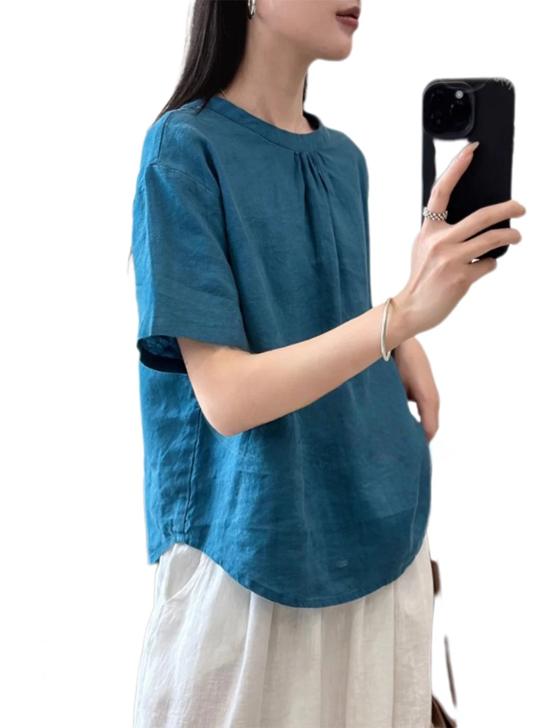 Retro Cotton Linen ort Sve irt Women Summer Casual Loose Folded Collar round Ne Linen T-irt Top Commute Sle