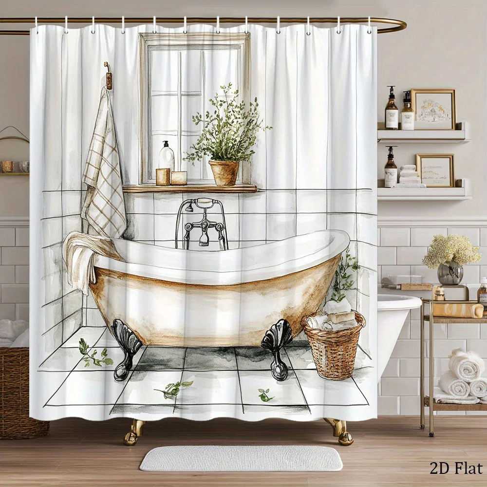 Rustic Bathtub Shower Curtain Vintage Clawfoot Tub and Tile Design Polyester Bath Curtain with 12 Hooks for Cozy Decor
