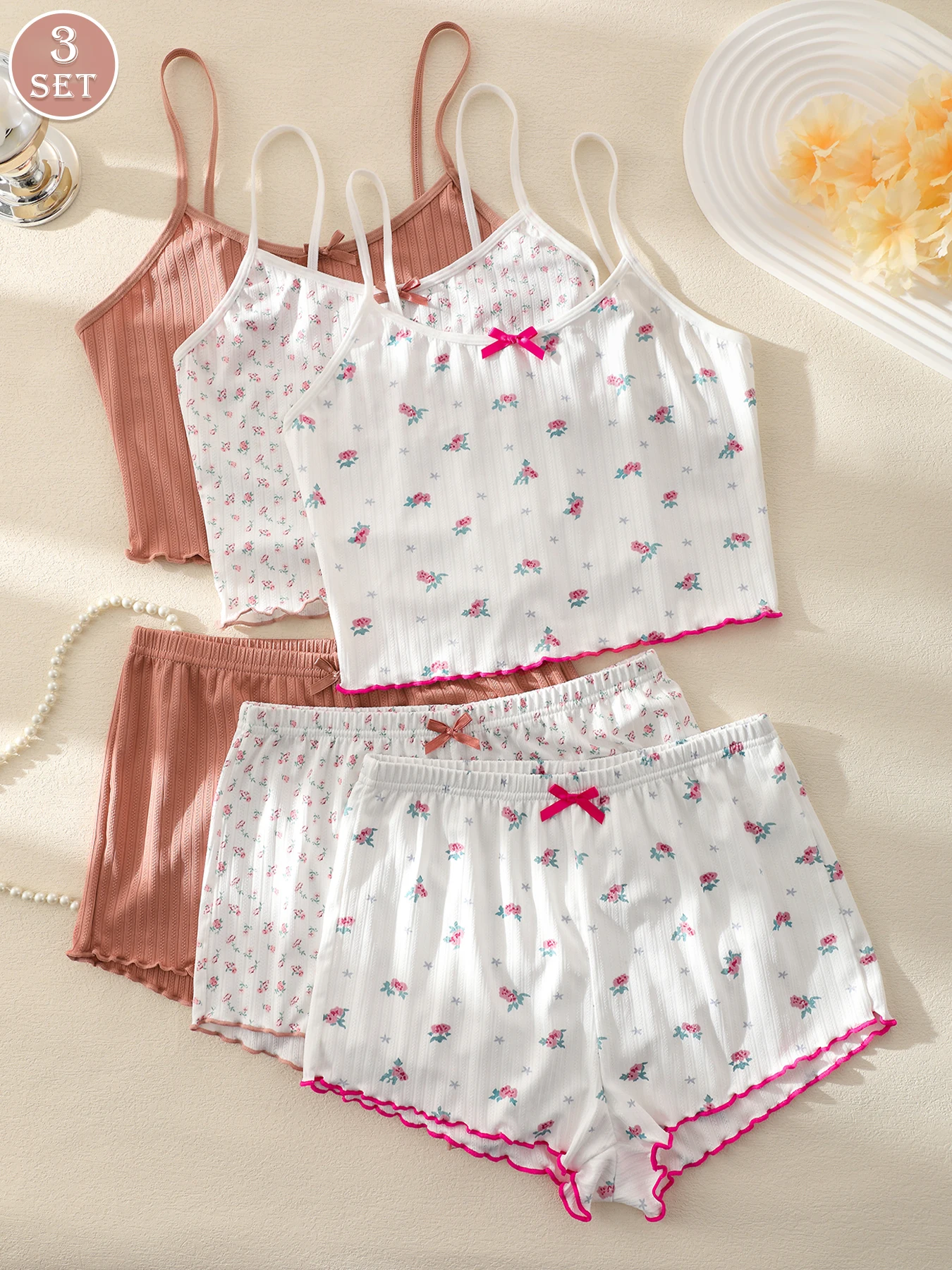 3 Sets Women's Floral Ribbed Cami Pajama Set, Bow Detail Sleepwear with Shorts, Soft Loungewear for Summer