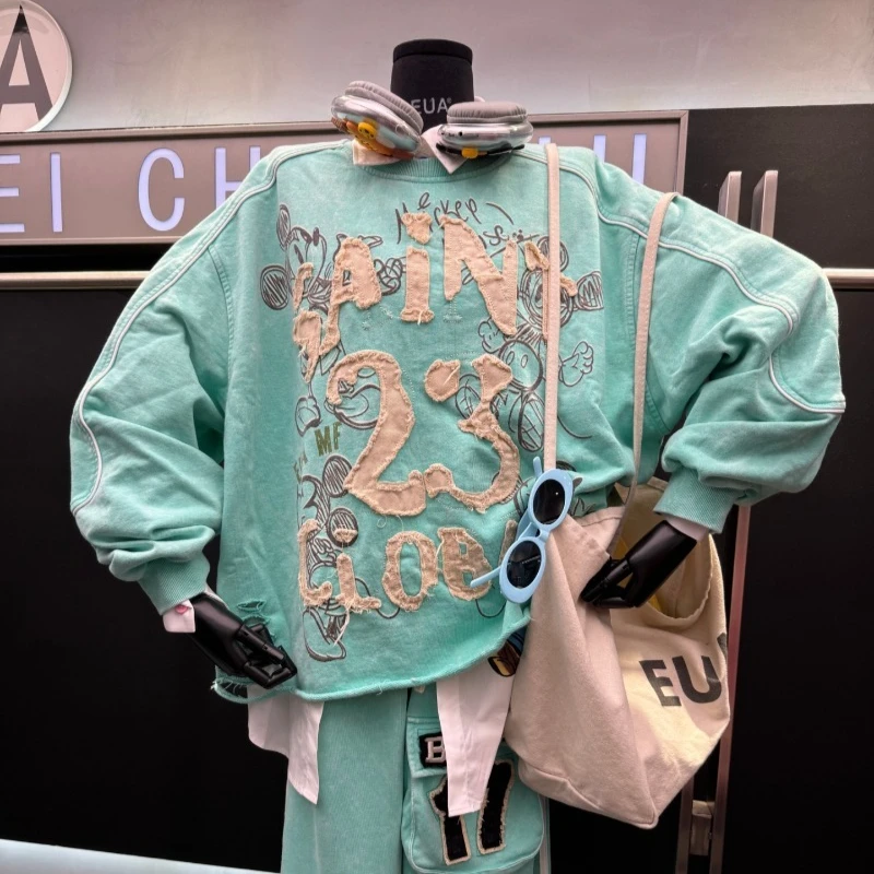 Heavy Embroidery Letter Crew Neck Sweatshirt Ladies Loose Fit Versatile Slimming Top 2025 Autumn New Long Sleeves Sudaderas Coat