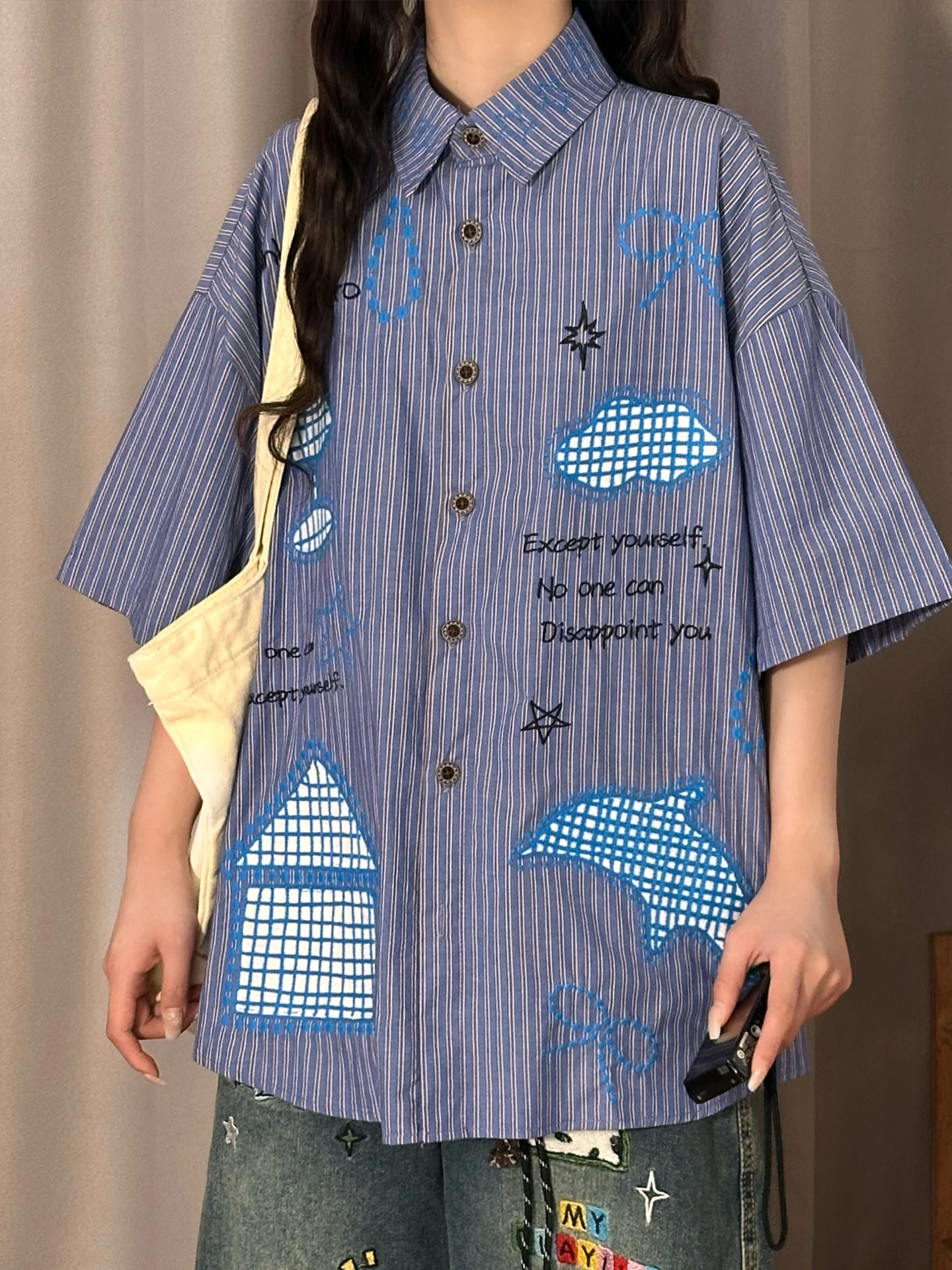 

Оригинальная американская ретро-блузка с вышивкой и полосками, женская летняя свободная повседневная блузка в студенческом стиле, уличная мода