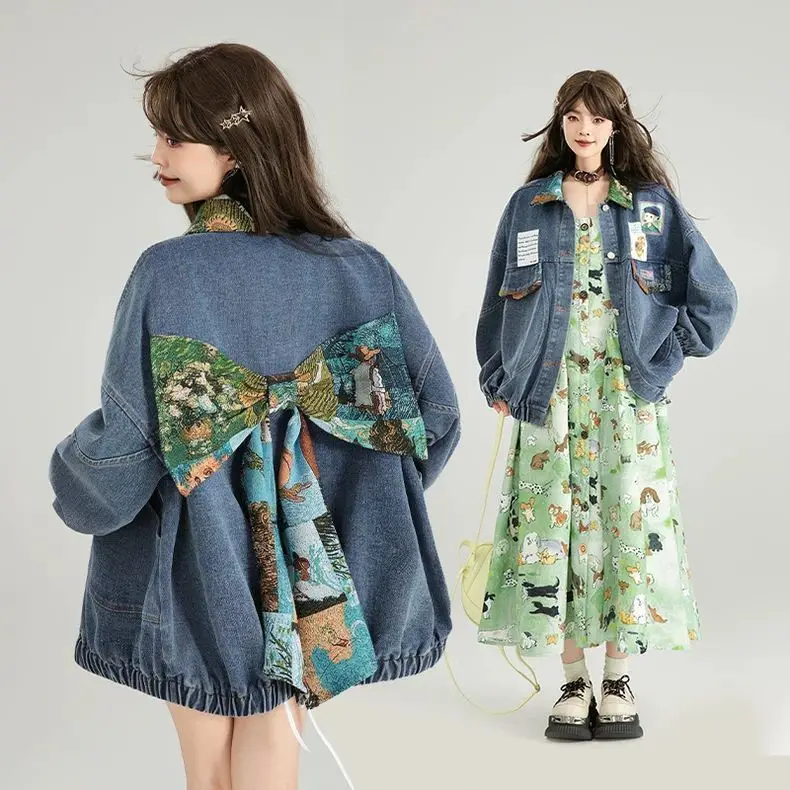 

Jacquard Bow Decoration Denim Jacket Women Fashion Leisure Spring Autumn Coat Long Sleeves Polo Neck Loose Sweet Top