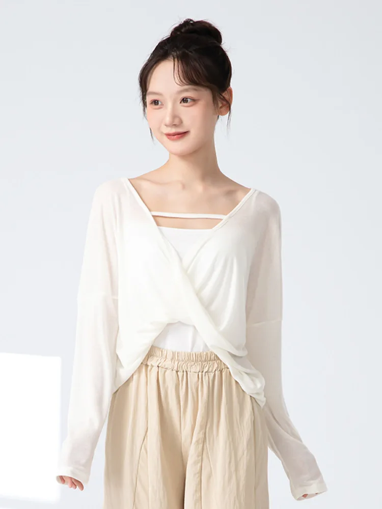 Top de balé de manga comprida com bainha dividida solta de cor sólida – camisa de treinamento de palco respirável para dançarinos e artistas