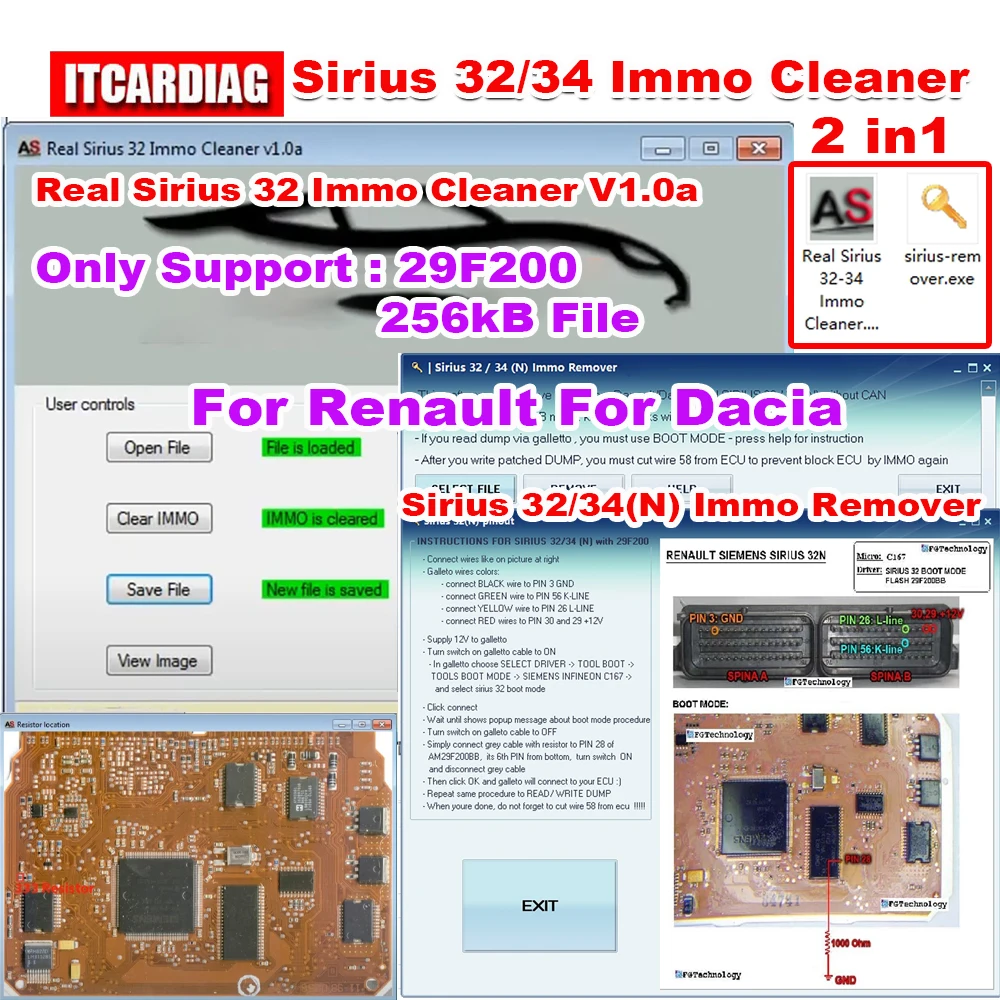 

For Renault For Dacia Sirius 32 34 Immo Remover 2in1 Real Sirius 32 Immo Cleaner V1.0a Sirius 32/34(N) Immo Remover 29F200 256kB