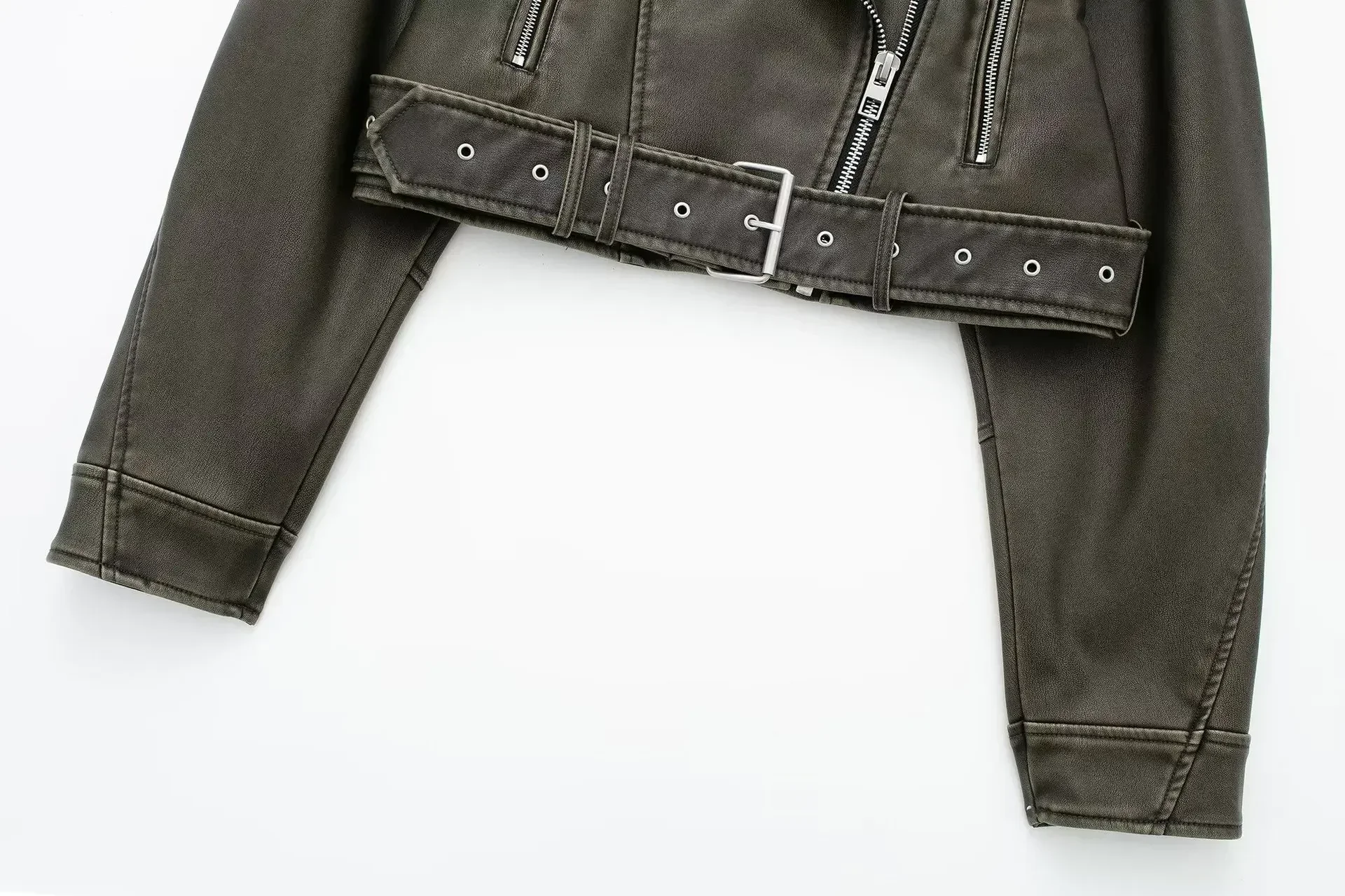 Washed Leather Belt Jacket Women Vintage Turn Down Collar Gradient Zipper Short Coat Female Fashion Casual Chic Jacket