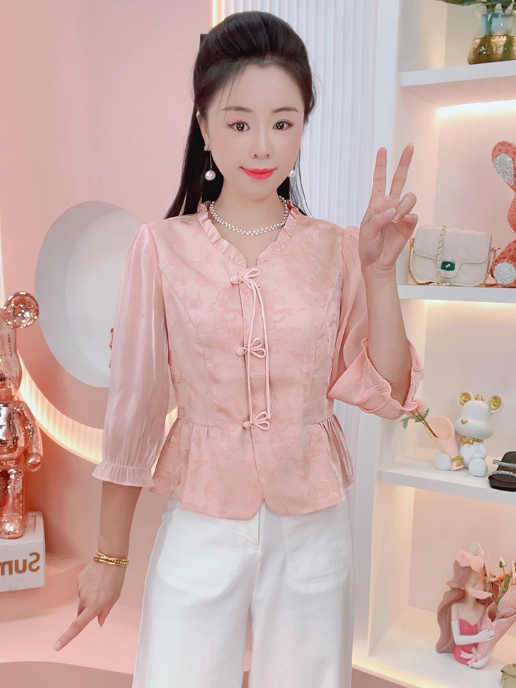 เสื้อสตรีแฟชั่นสุดฮิตสำหรับต้นฤดูใบไม้ร่วง ดีไซน์ทันสมัย ทรงเข้ารูป สวมใส่สบาย ทรงหลวม แขนเจ็ดส่วน คอวี ระบายอากาศได้ดี...