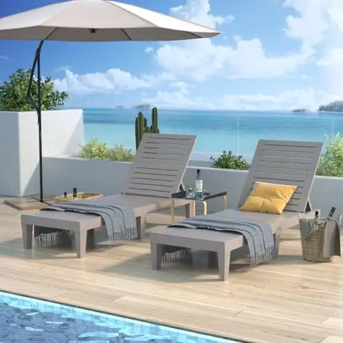 Outdoor Lounge Chairs Set of 2 for Poolside Patio, Weather-Resistant Pool Chaise Lounge with Adjustable Backrest, Resin