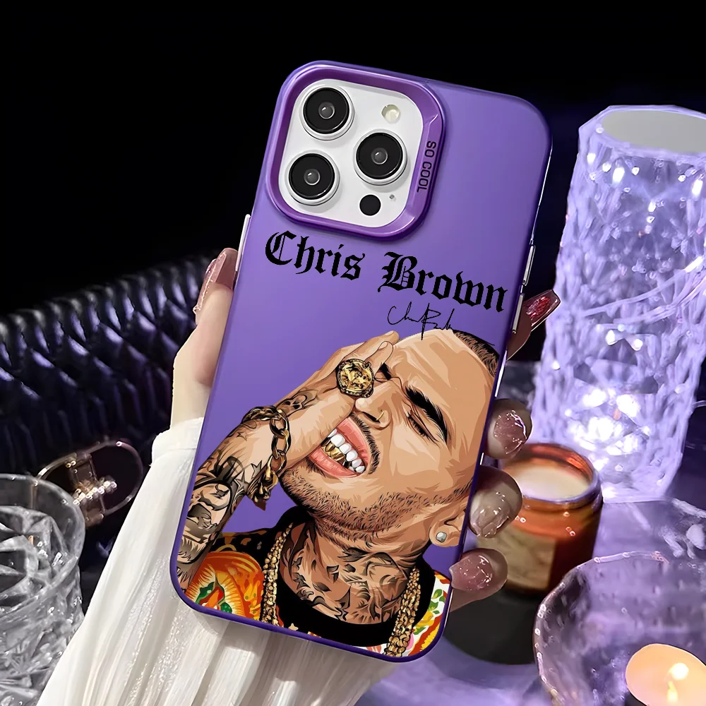 Rapper C-Chris Brown Drawing Phone Case For iPhone 16 15 14 13 12 11 Pro Max Black Purple Matte Laser Metallic Aurora Funda