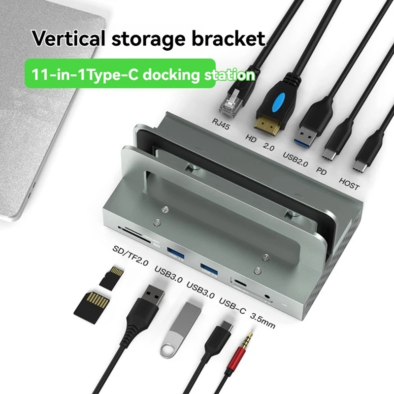 11-In-1 Vertical Docking Station With 4K 60Hz HD PD 100W USB 3.0& SD/TF Multiport Adjustable USB C HUB For Laptap