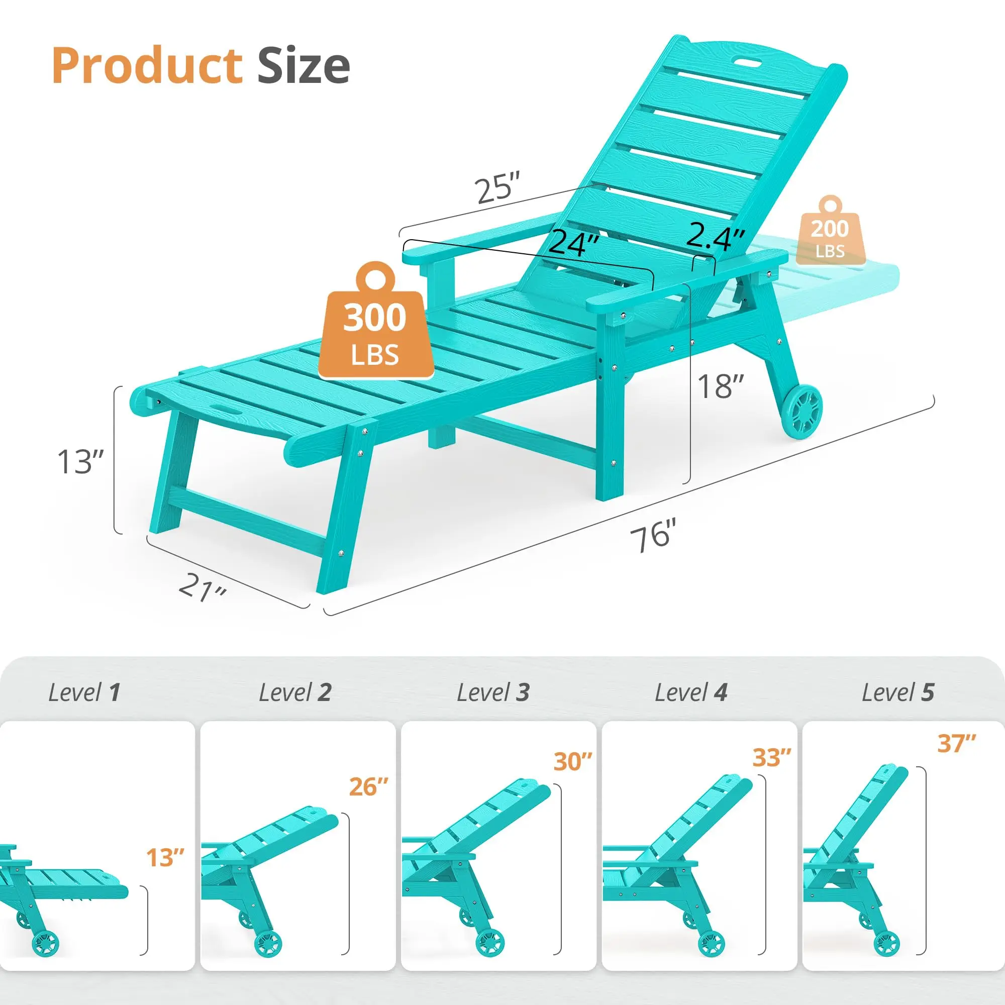 Outdoor Chaise Lounge, 5‑Position, 2‑Pack, Aruba Blue