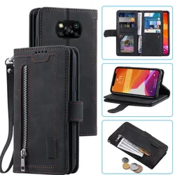 9 Cards Wallet Case for Xiaomi Poco X3 NFC/X3 Pro Phone Case Card Slot Zipper Flip Folio With Wrist Strap