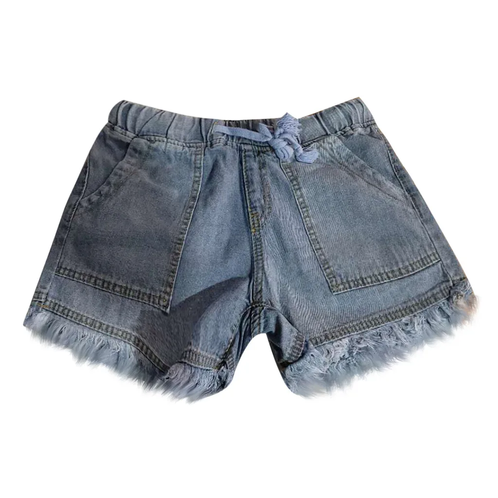 Women\'s Washed Denim Shorts Casual Drawstring Elastic Waist Frayed Hem Loose Short Jeans Tassel Bottom Clothing Pocket Pants