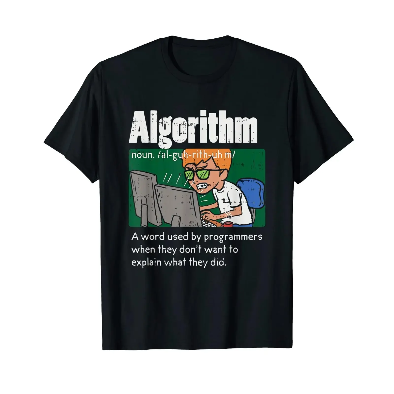 T-shirt vintage délavé, léger et respirant, streetwear décontracté, doux, unisexe, avec une définition d'algorithme et un message humoristique de programmation.