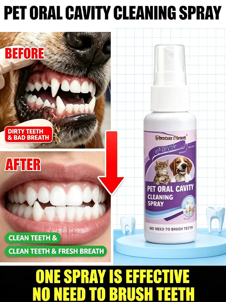 SHIMEIYANJI 30ml Pets Oral Hygiene Cleaning Spray Eliminate Tartar Plaque Bacteria Refresh Breath Gentle Sterilizing for Dog Cat