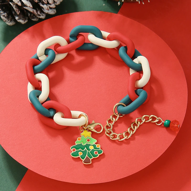 Merry Christmas Red Green Acrylic Bracelet For Women Santa Claus Xmas Tree Snowflake Pendant Beads Bangle New Year Jewelry