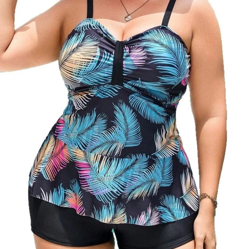 2025, Plus-Size-Damen-Tankini mit hohem Bund und Rock, Vintage-Blatt-Print und Bauchkontrolle
