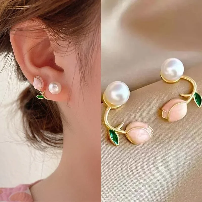 

Sweet Cute Enamel Pearl Tulip Flower Stud Earrings for Women Korean Temperament Back Hanging Earring Fashion Jewelry