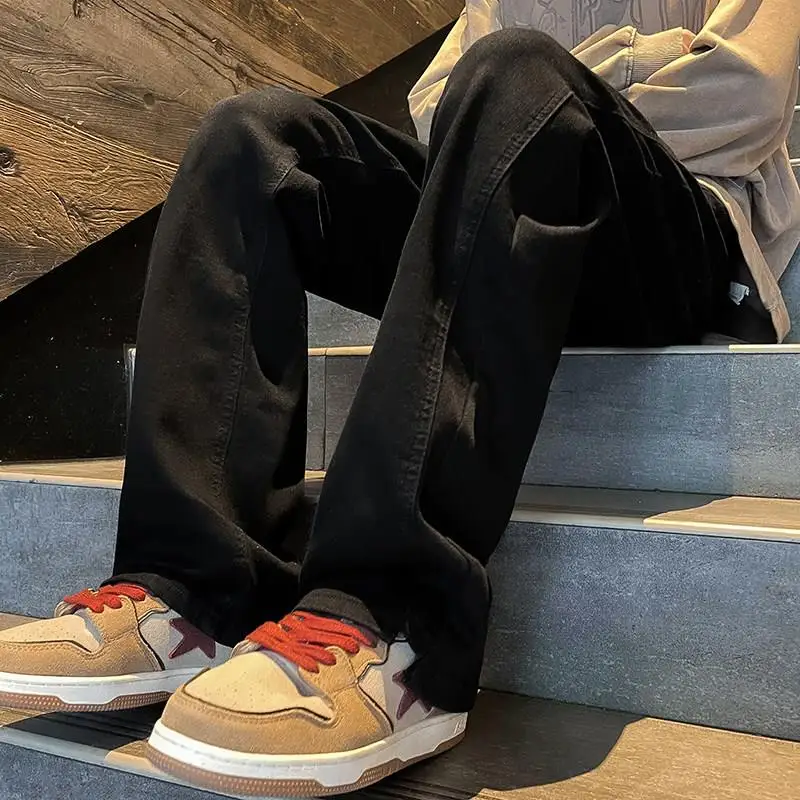 

Black Casual Loose Men's Jeans Spring High Street Versatile Elastic Wide Leg Long Pants Straight Tube Jeans Trendy Brand