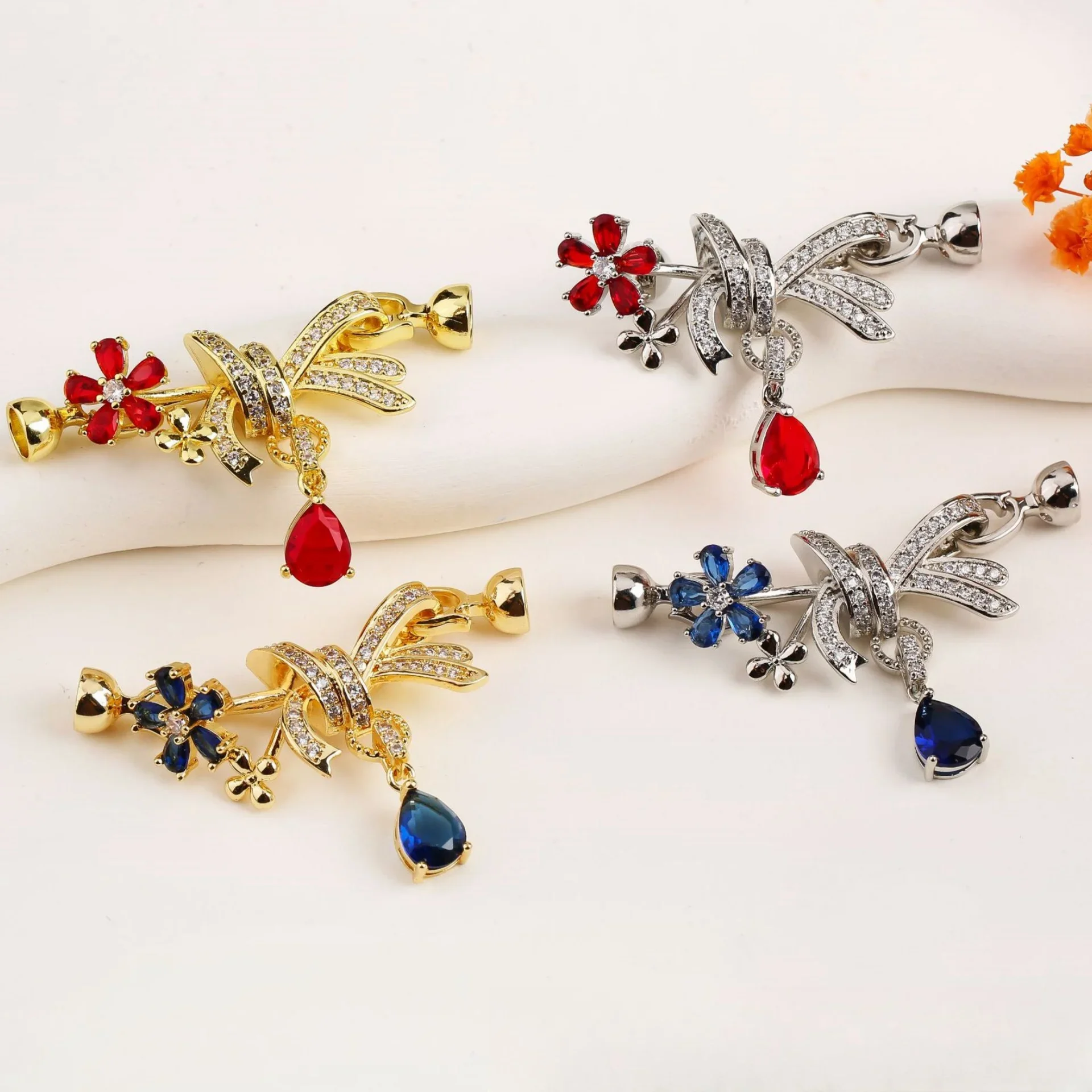 18K Gold-Plated Brass Jewellery Connector Cubic Zircon Ribbon Fastening Lock Deluxe DIY Necklace and Bracelet Making Accessories