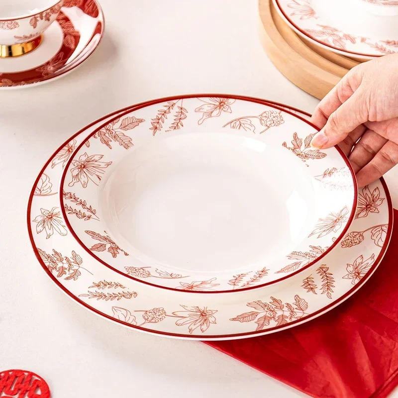 Chinese Style Creative Ceramic Plates High End Restaurant Circular Pasta Plate Delicious Fruits Salad Plate Wedding Tableware