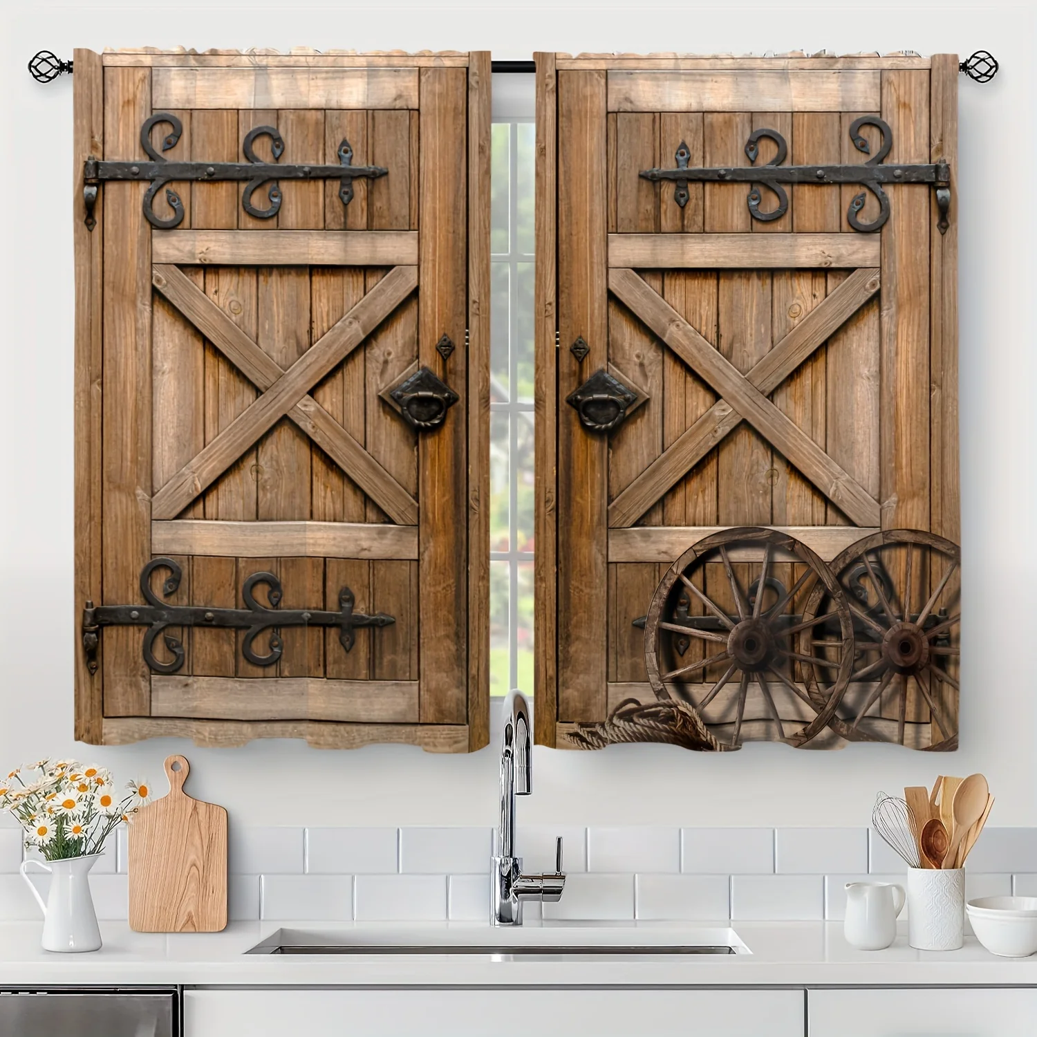 2pcs Rustic Curtain Wooden Door Pattern Curtain For Bathroom Living Room Bedroom Window Curtains Home Decoration Rod Pocket