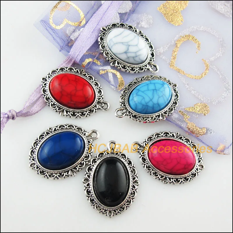 Fashion 12Pcs Tibetan Silver Plated Oval Mixed Stone Charms Pendant 21x28mm