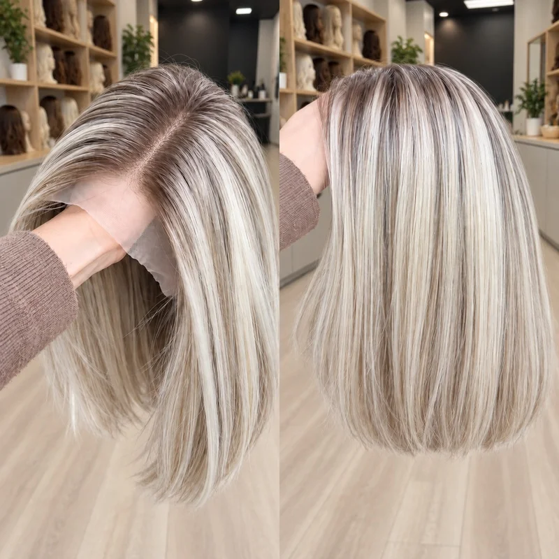 13x6 Lace Front Bob Wig Ash Brown Roots Platinum Blonde Ombre Straight Shoulder Length Free Part Breathable Cap