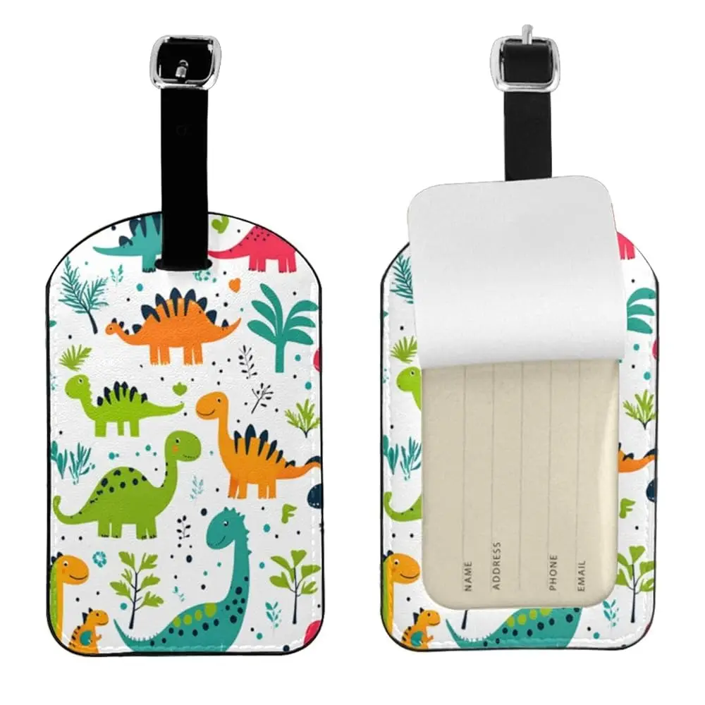 

Funny Dinosaurs Luggage Tag for Suitcases,Cartoon Dinosaur Dino Trees Colorful PU Leather Baggage Tags Bag Tags Travel Id Lab