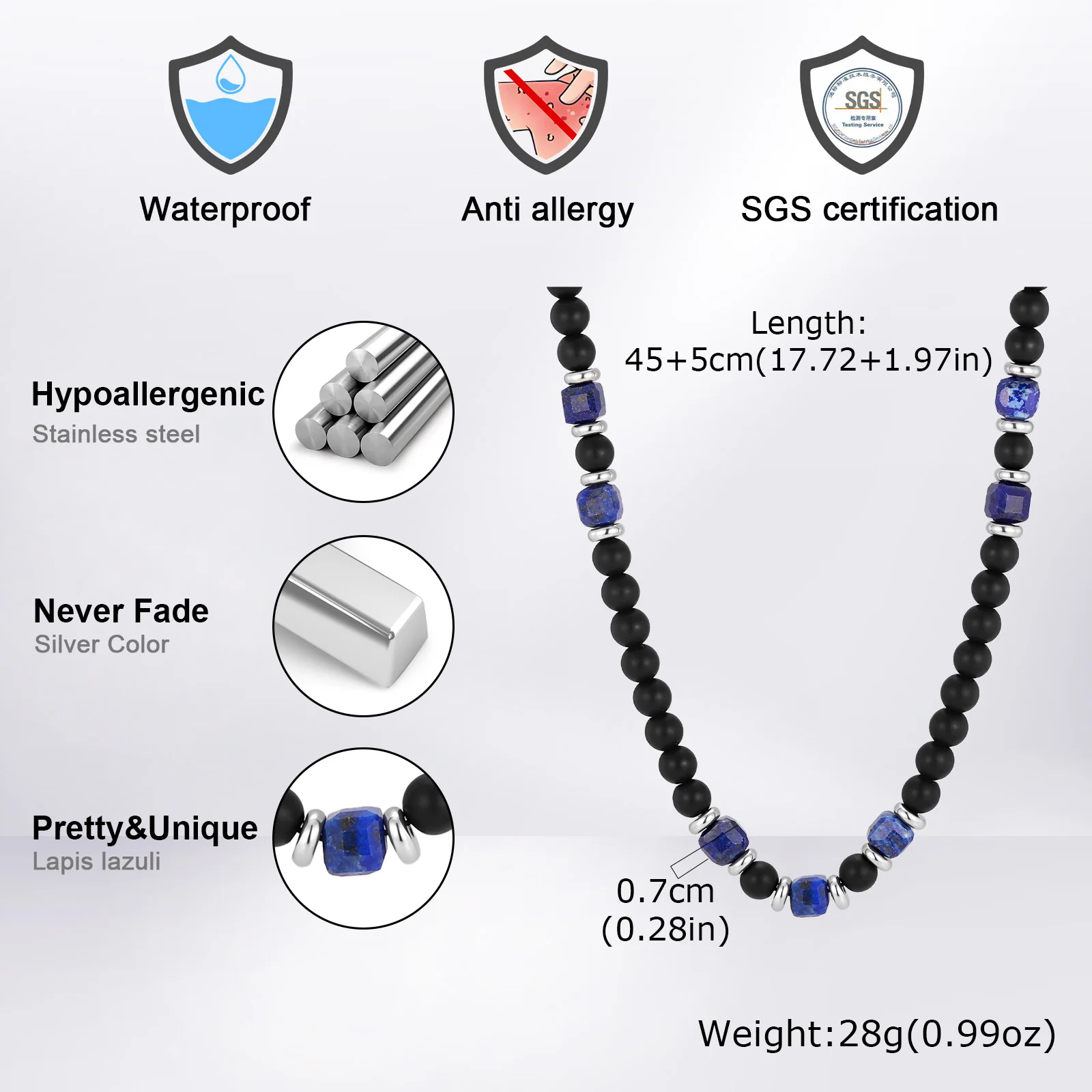 Stilvolle Herren-Halskette aus Natursteinperlen, Schwarze Achat-Lapis-Perlenketten, Vintage Punk-Schmuck Geschenk für Ihn – Detail 1