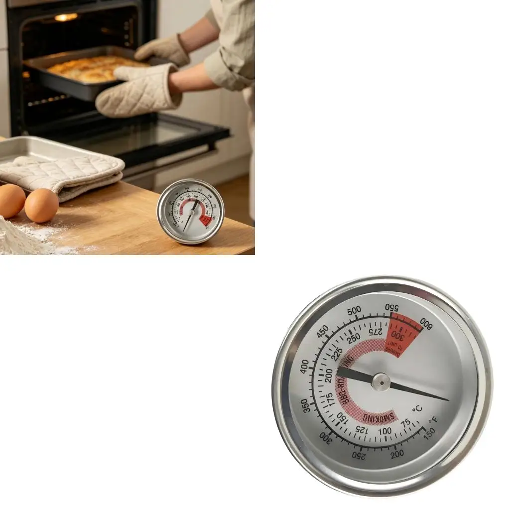 Oven Heat Reader Metal Housing Two Scale Face, 150 to 600 F with Rear Stem and Wing Nut Fitting for Baking Use during Daily