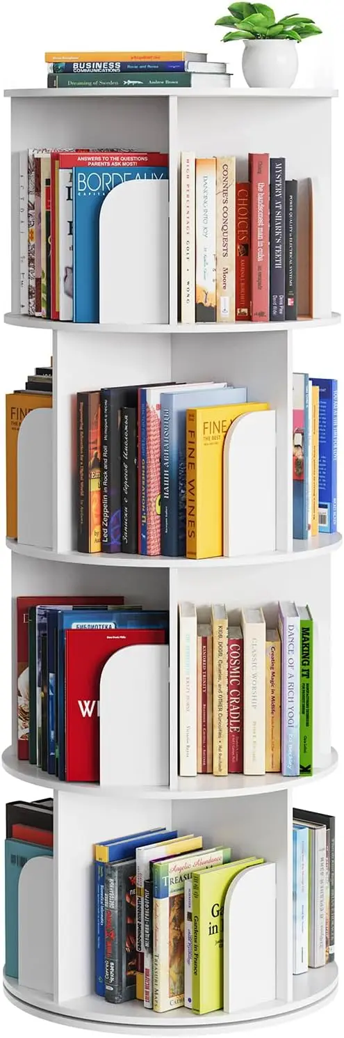 Cross Style 4 Tier Rotating Bookshelf, Spinning 360 Bookcase Lazy Susan Tower, Vertical Revolving Books Shelf Storage Round