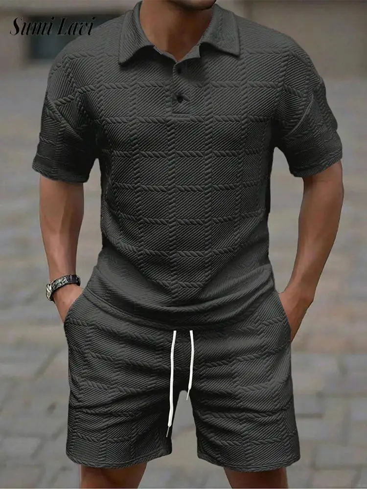 

Vintage Mens Plaid Jacquard Outfits Stylish Solid Color Short Sleeve Polo Shirt And Shorts Two Pieces Suits Men New Casual Sets