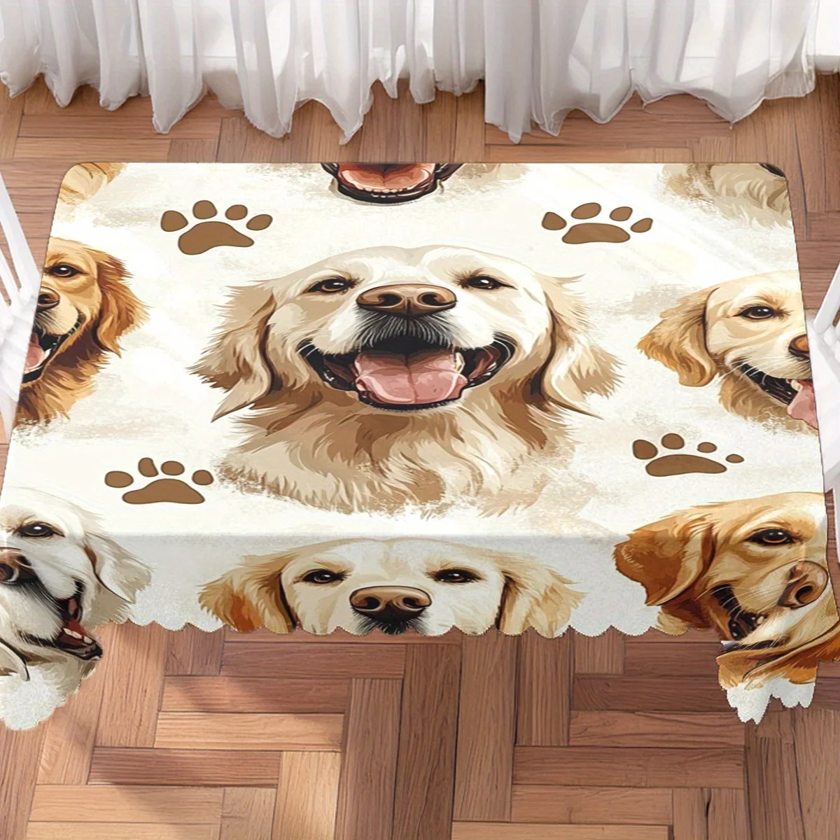 Cute Smiling Golden Retriever Dog Paw Print Waterproof Tablecloth, Rectangular Table Cover for Pet Lover Home Dining Party Decor