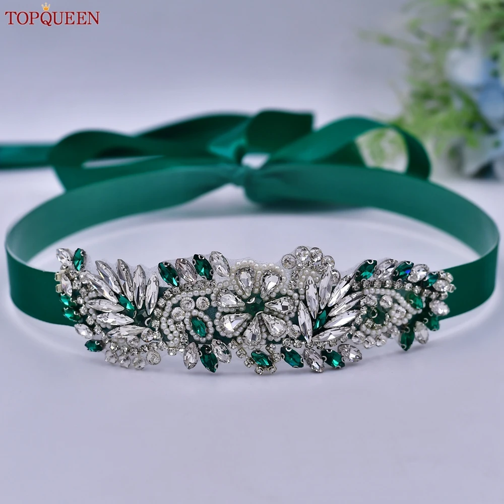 Topqueen S22 Bruiloft Riem Diamant Groen Diamante Dress Trim Satin Wedding Riem Prom Riem Steen Riem Bruid Jurken Decoratie