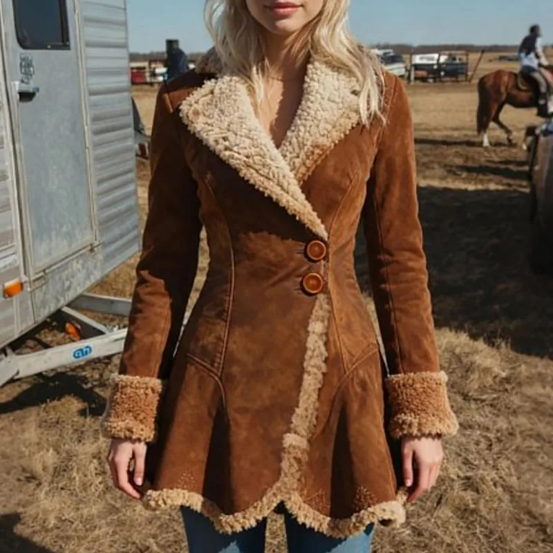 

Vintage Solid Color Single Breasted Winter Jackets Casual Warm Slim Fit Women's Coat 2025 Suede Patchwork Long Sleeved Outerwear