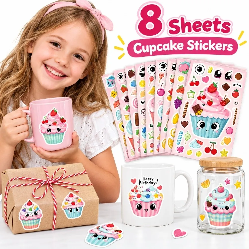 Dessert Theme Cupcake Stickers Colorful Self-Adhesive Face Changing Play Set Journal Decorative Waterproof