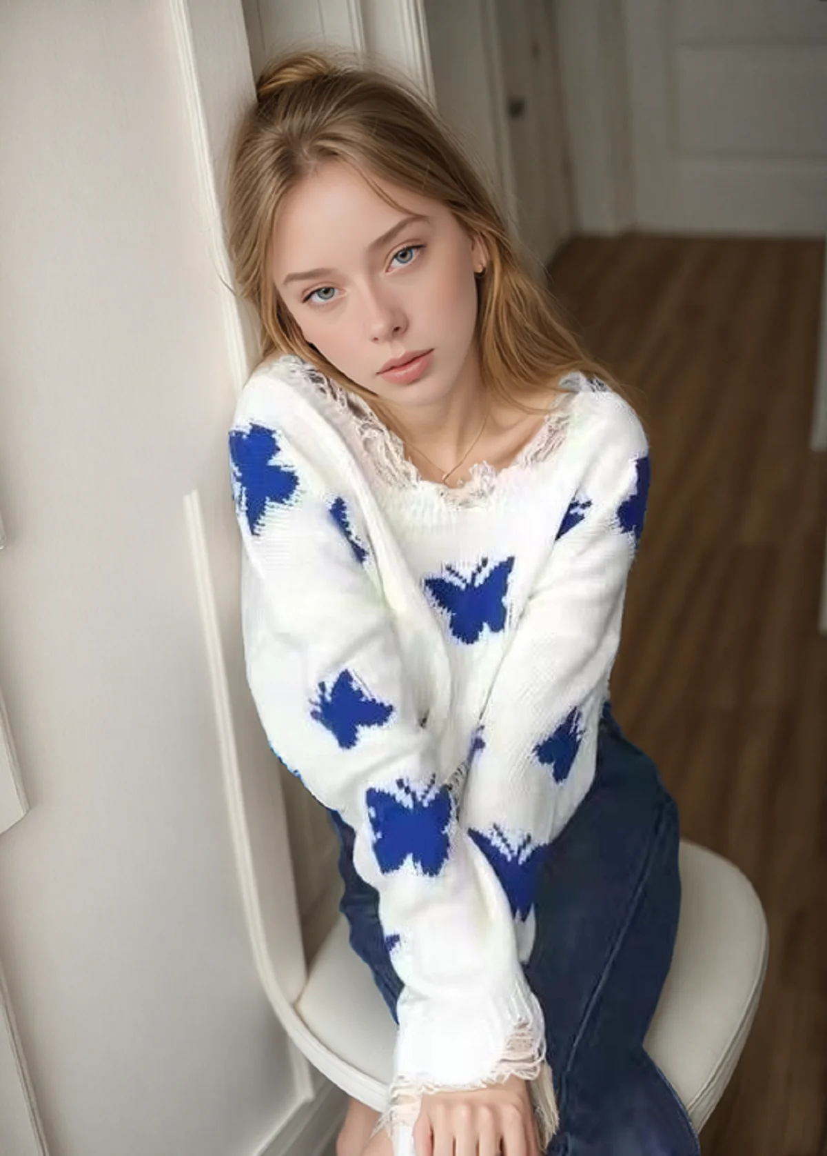 Women Sweater Summer Spring Loose Casual Korean Fashion Butterfly Knit Tee Sweet Cropped Off Shoulder Long Sleeve Top Clothing