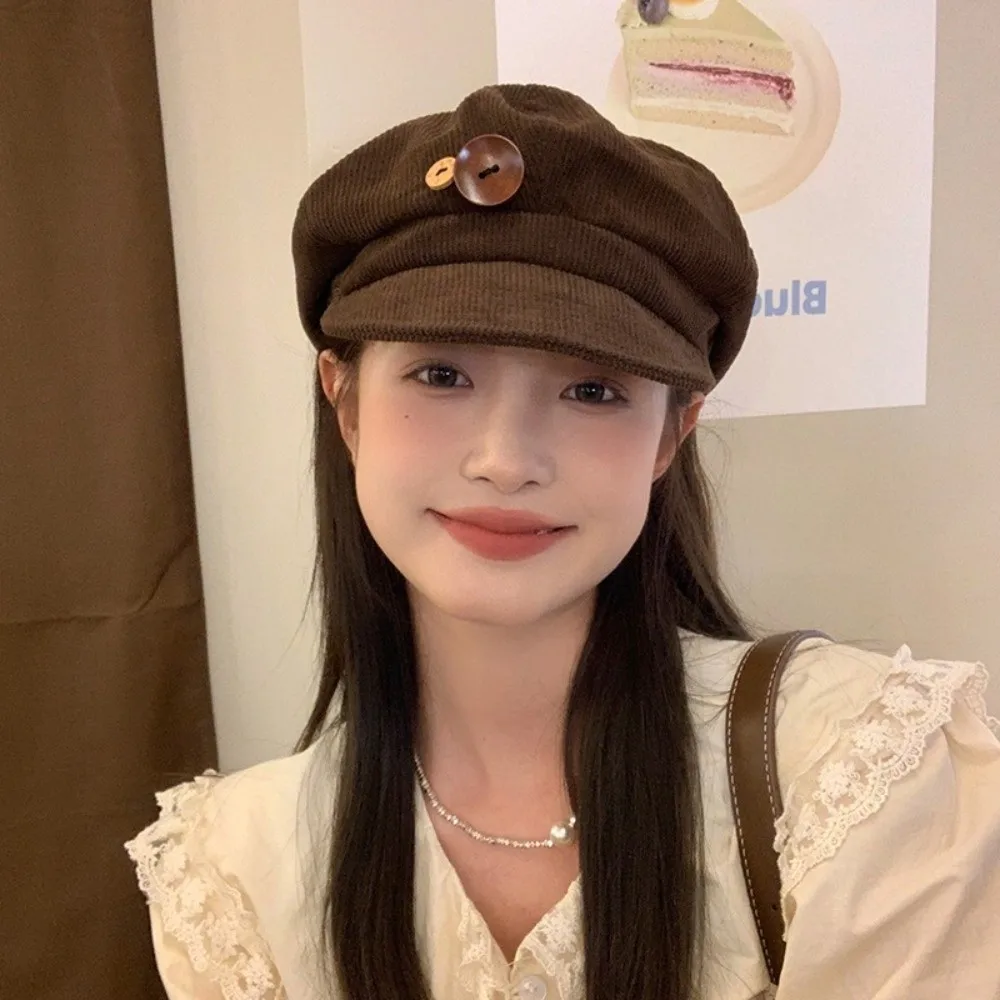 패션 Y2K 더블 버튼 베레모 모자 하라주쿠 JK 화가 모자 보온 일본식 코듀로이 야구 모자 겨울용